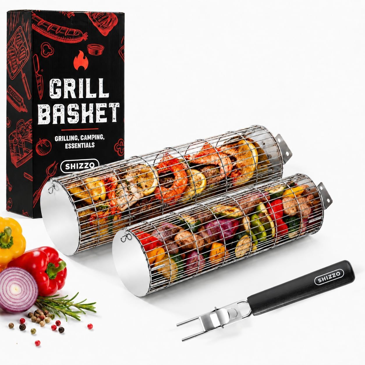 Detalle de SHIZZO SZ-GB-04 rollende grillmanden, 2-delig in roestvrij staal