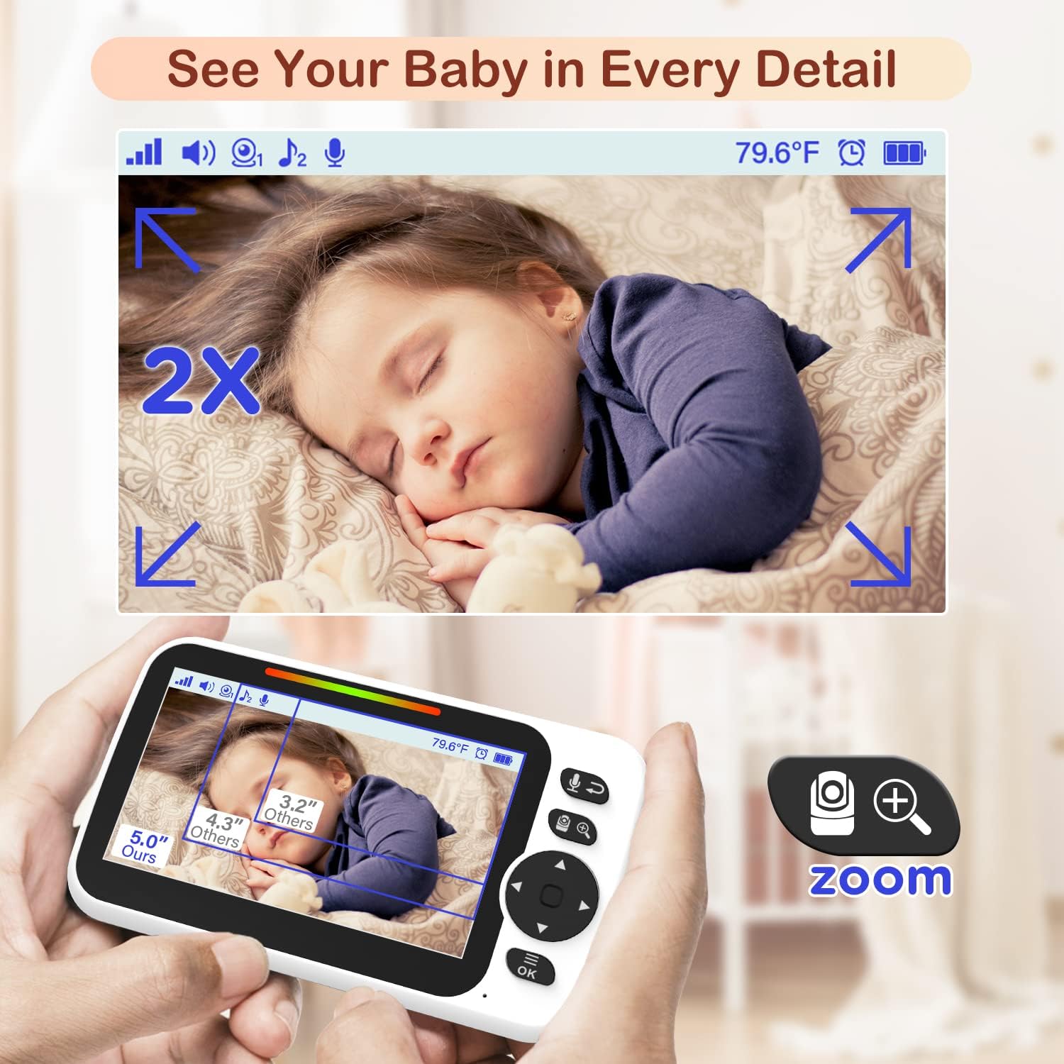Thumbnail 4 de Blemil 5" Split-Screen Baby Monitor with 30-Hour Battery and Remote Pan/Tilt/Zoom