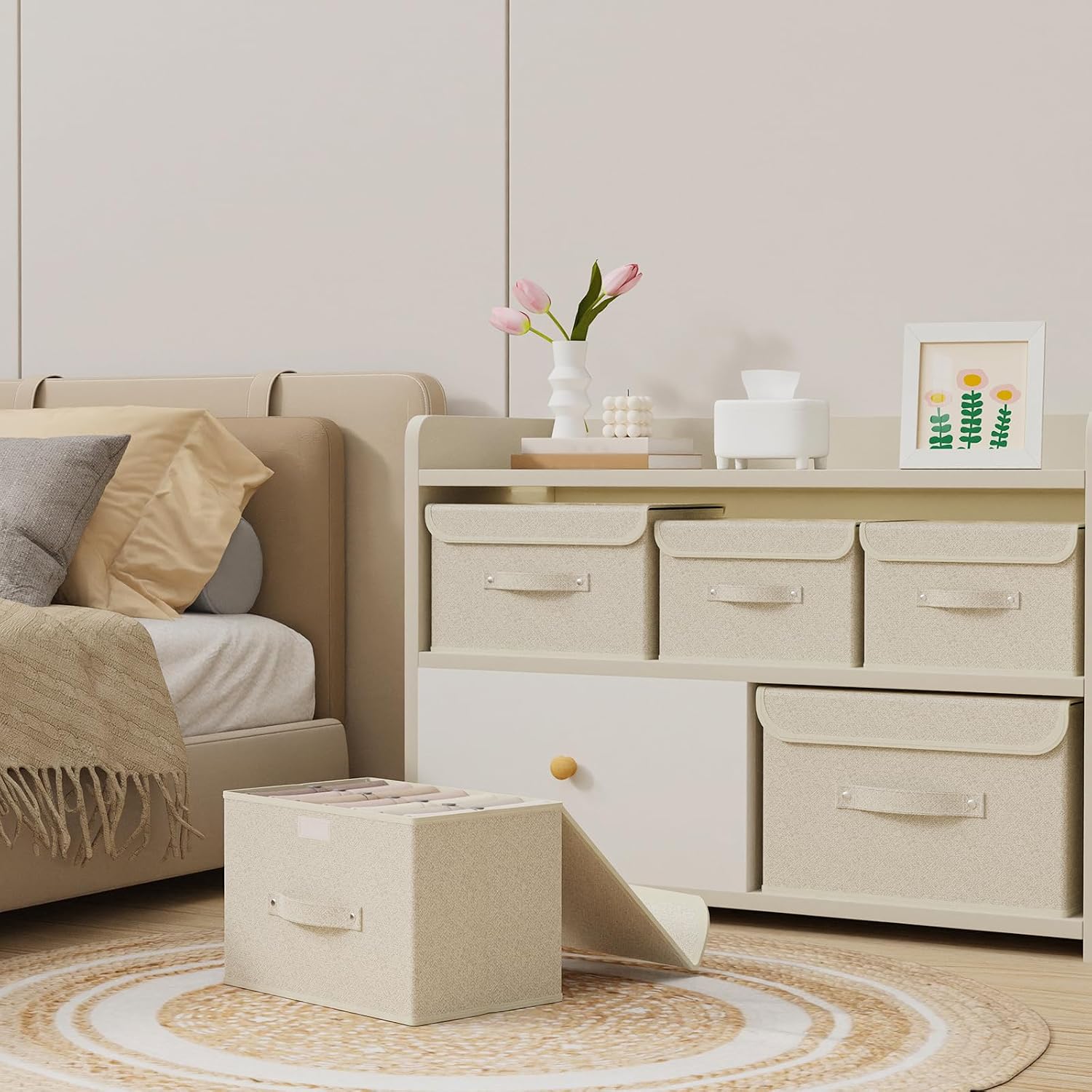 Detalle de ENUMAIL 3er Set Stoff-Aufbewahrungsboxen mit Griff und Deckel (faltbar) 33×23×20 cm, Grau & Beige