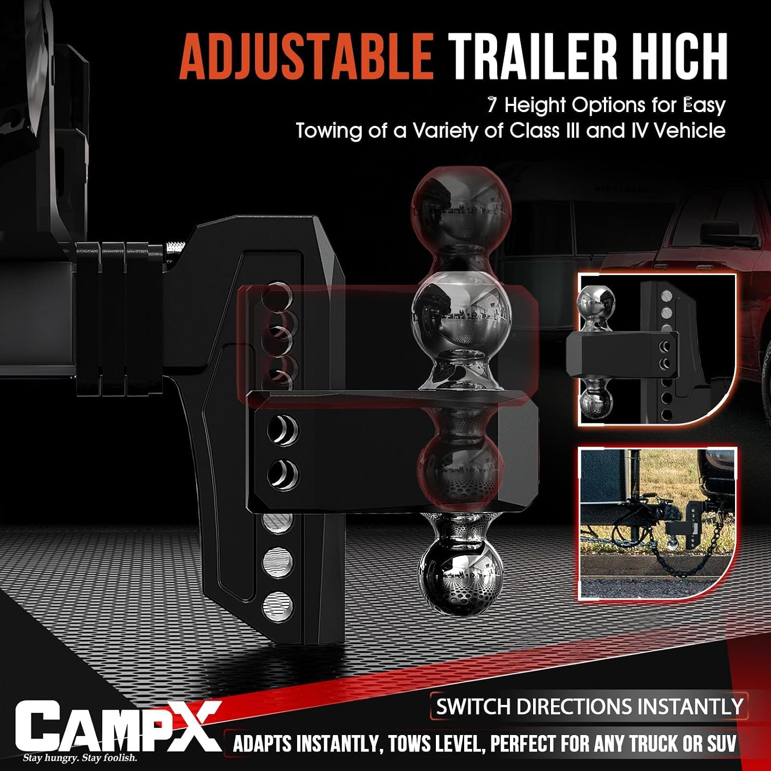 Detalle de CAMPX Adjustable Trailer Hitch for 2.5-inch Receivers (6" Drop/Rise) with Dual 2" and 2-5/16" Solid Balls