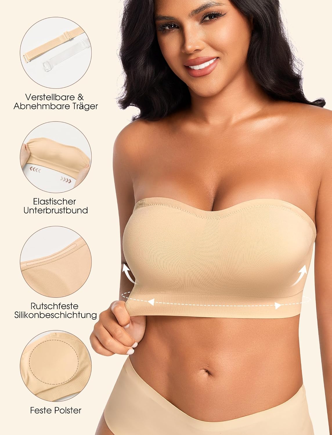 Detalle 2 de OOEU Trägerloser BH Damen without Bügel – Push-Up Bandeau, Nahtlos, Abnehmbaren Trägern