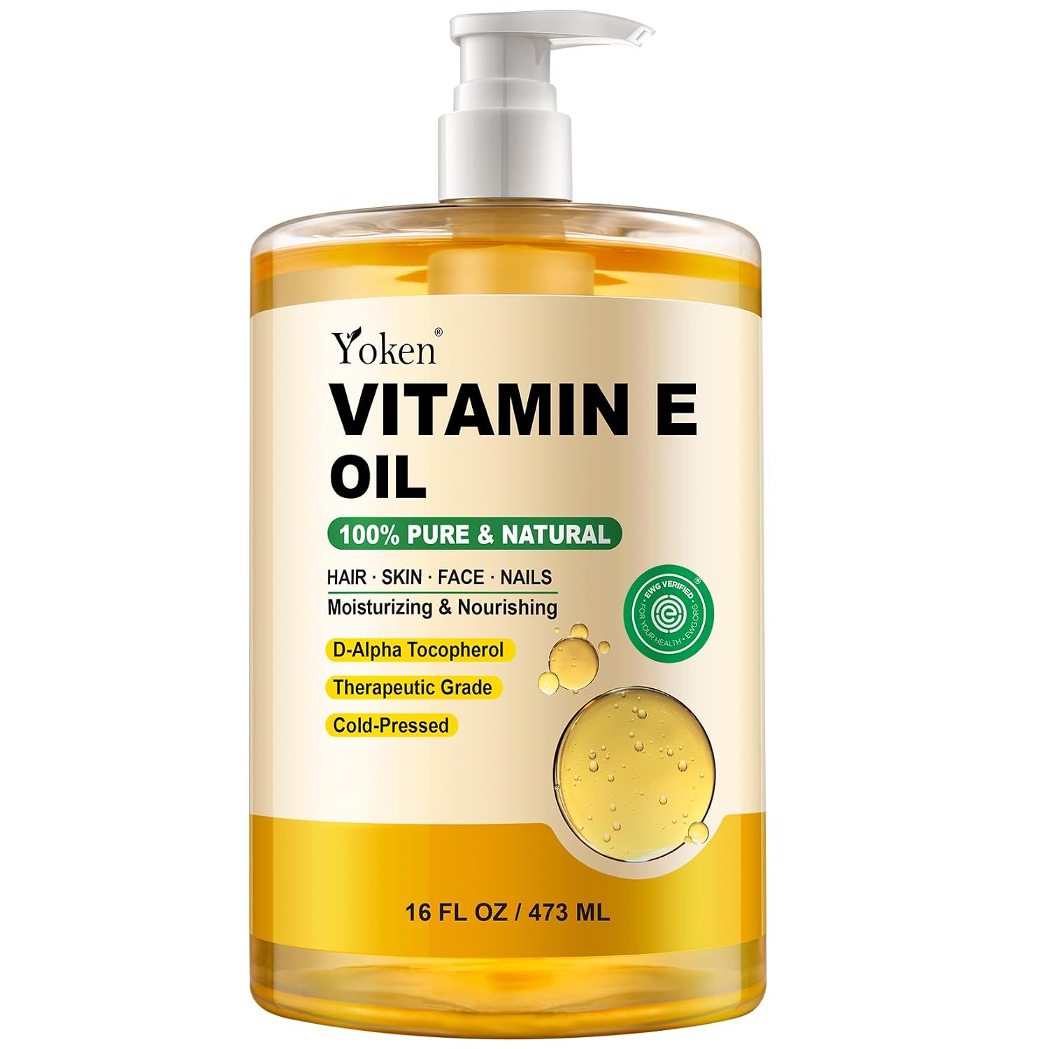 Detalle de Yoken Vitamin E Oil, 16 oz Cold-Pressed Unscented D-Alpha Tocopherol