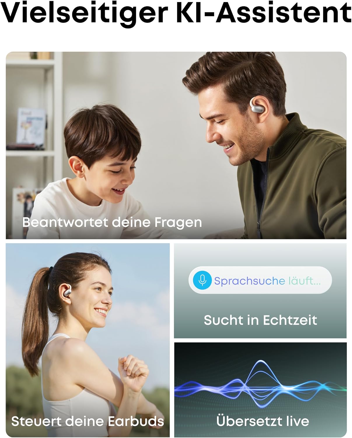 Detalle de soundcore AeroFit 2 AI Assistant von Anker – Open-Ear-Kopfhörer mit Echtzeit-Übersetzung