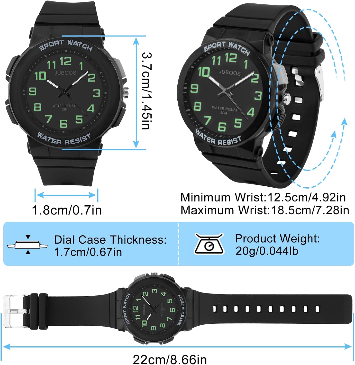 Detalle de Juboos Kinderuhr Analog – 50 m wasserdicht, großes Acrylzifferblatt, beleuchtet, weiches Armband