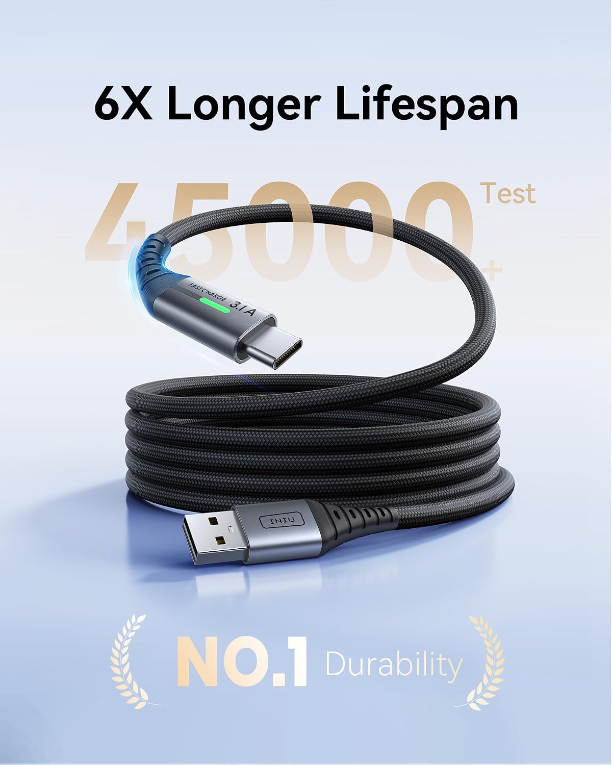 Detalle 2 de INIU USB-C Charger Cable (2-Pack, 1m) – 3.1A USB-A to USB-C fast charging braided cable