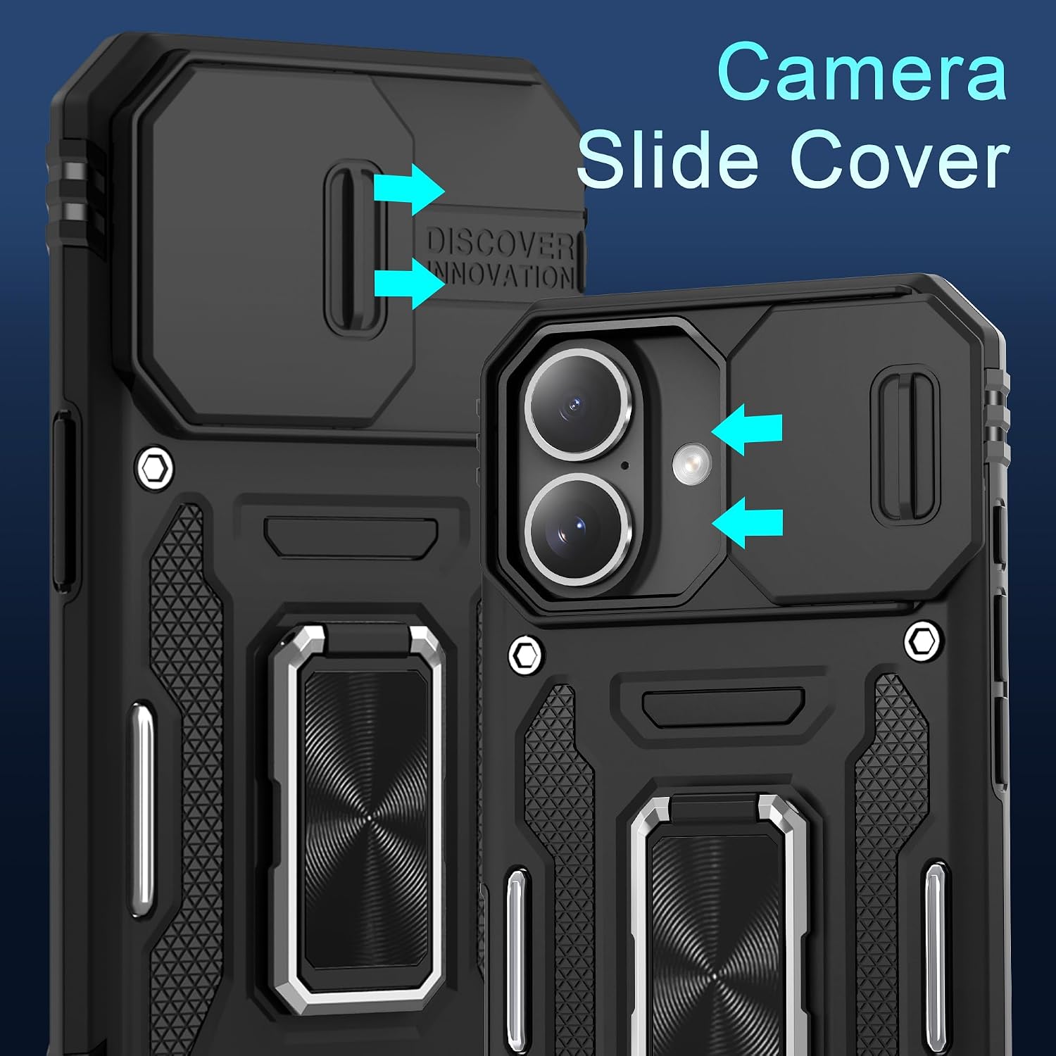 Detalle 2 de DEERLAMN Armor Case for iPhone 17 6.3-Inch (2025) with Slide Camera Cover + Rotated Ring Kickstand, Black (2 Packs)