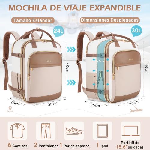 Detalle de ETRONIK Mochila de viaje expandible 24-30 L, 40x30x20 cm, caqui