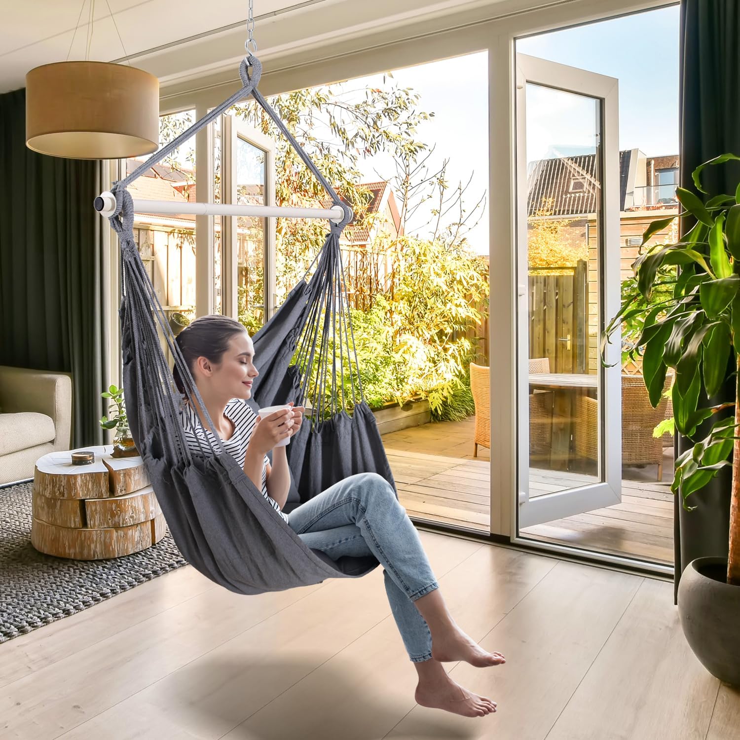 Detalle 2 de Ohuhu XL Portable Hanging Swing Chair with Hardware Kit (with 2 Cushions) - Gray