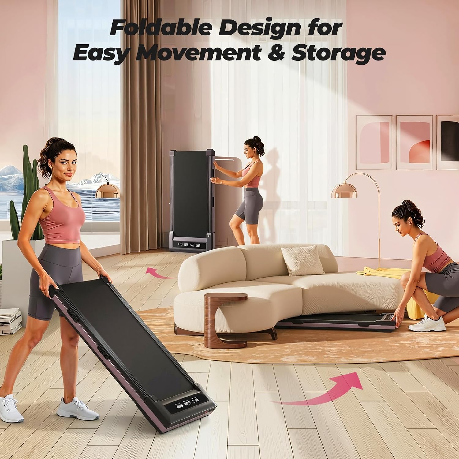 Detalle 2 de DeerRun BA07R2 Walking Pad Treadmill, 9% Auto Incline, Pink
