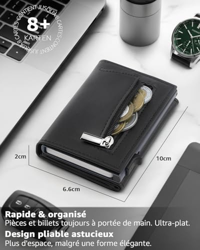 Detalle de TEEHON Portefeuille Homme en Cuir Gris – Porte-cartes RFID, 8 emplacements, compartiment billets et petite monnaie