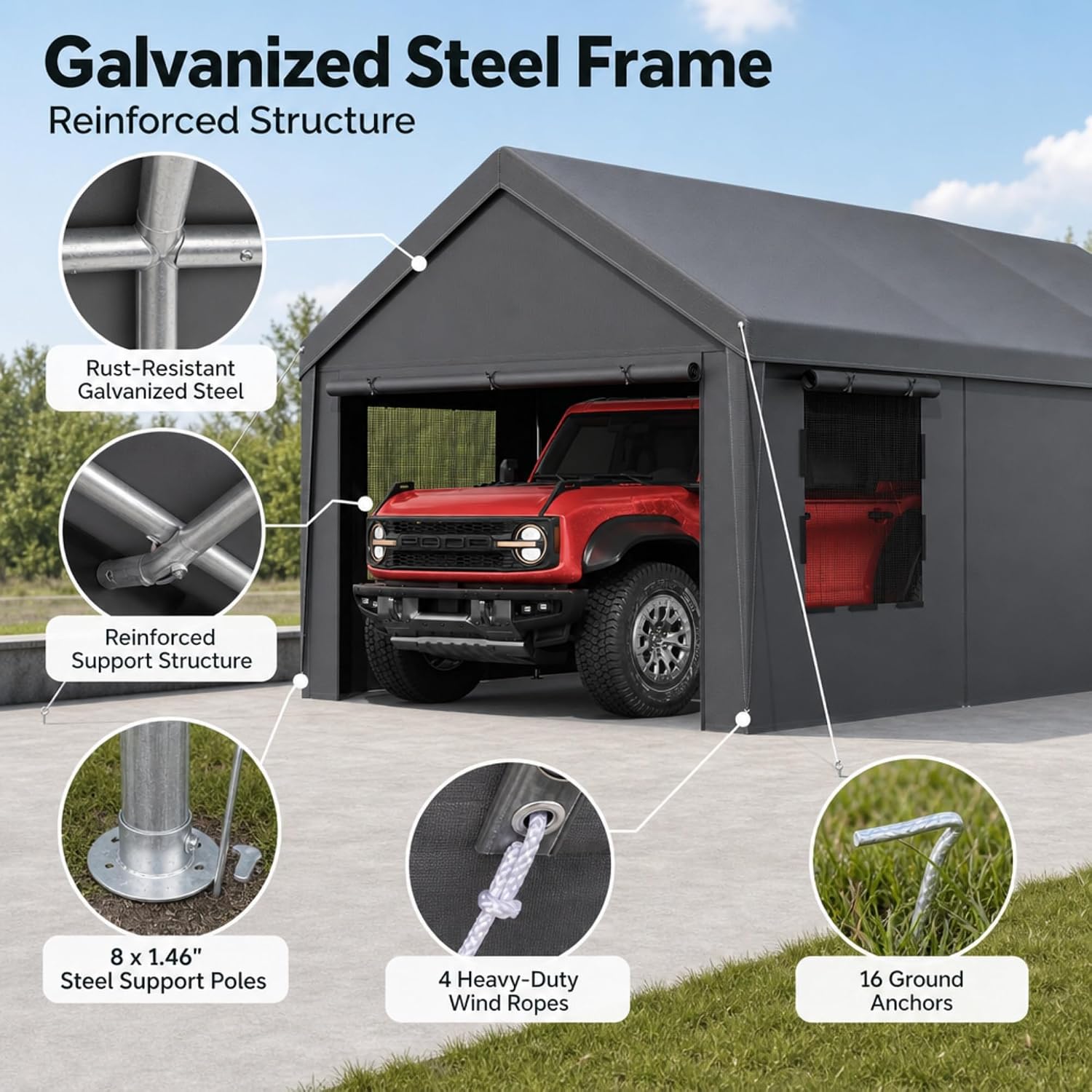 Detalle de Velway VL000034-1-F 12 x 20 FT Carport Canopy with Galvanized Steel Frame