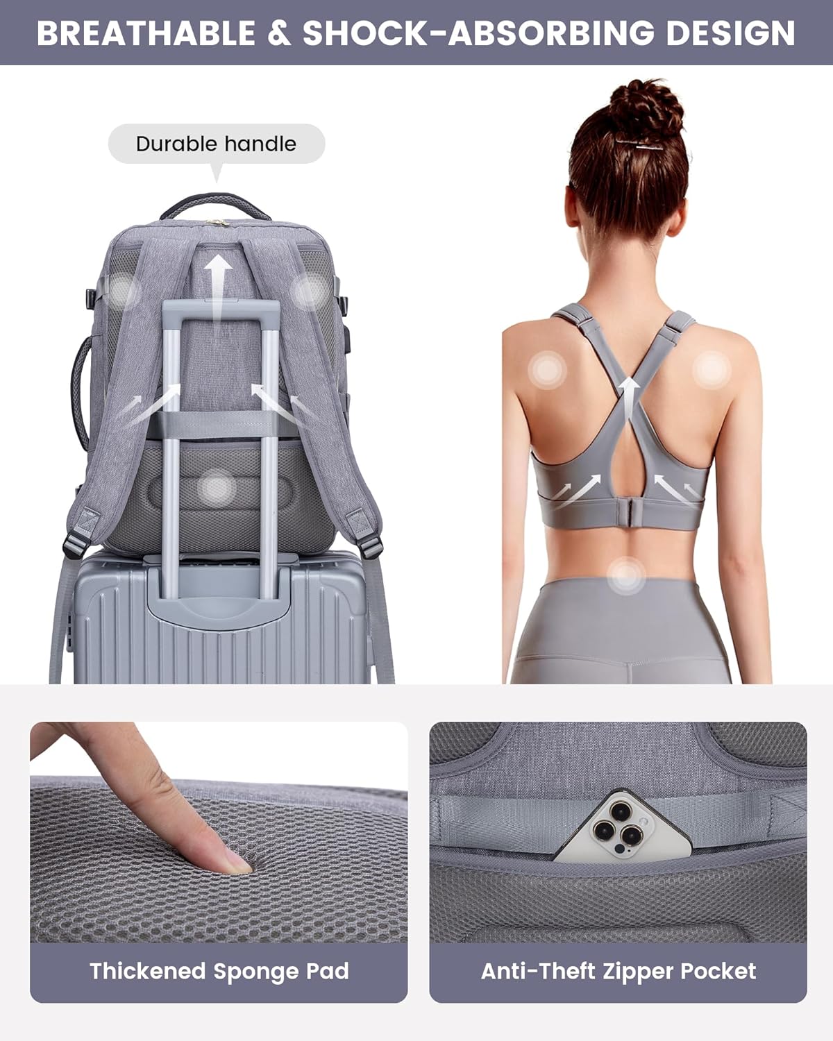 Detalle 2 de LOVEVOOK Travel Backpack Womens 40L: 17.3-inch Laptop Carry-On Rucksack for Planes