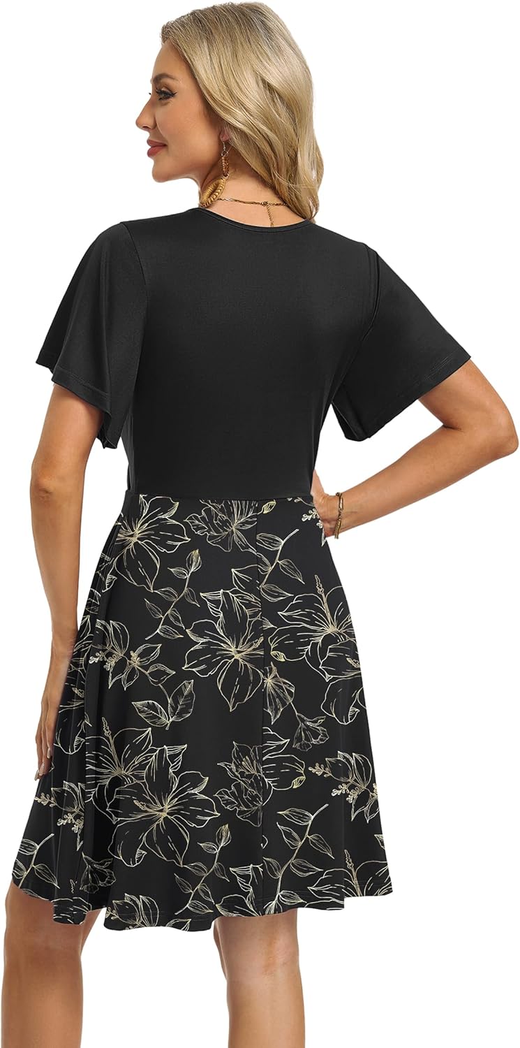 Detalle de PLMOKEN Robe d'été pour femmes - Robe de plage sexy à manches volantées, encolure en V croisé, taille empire et poches