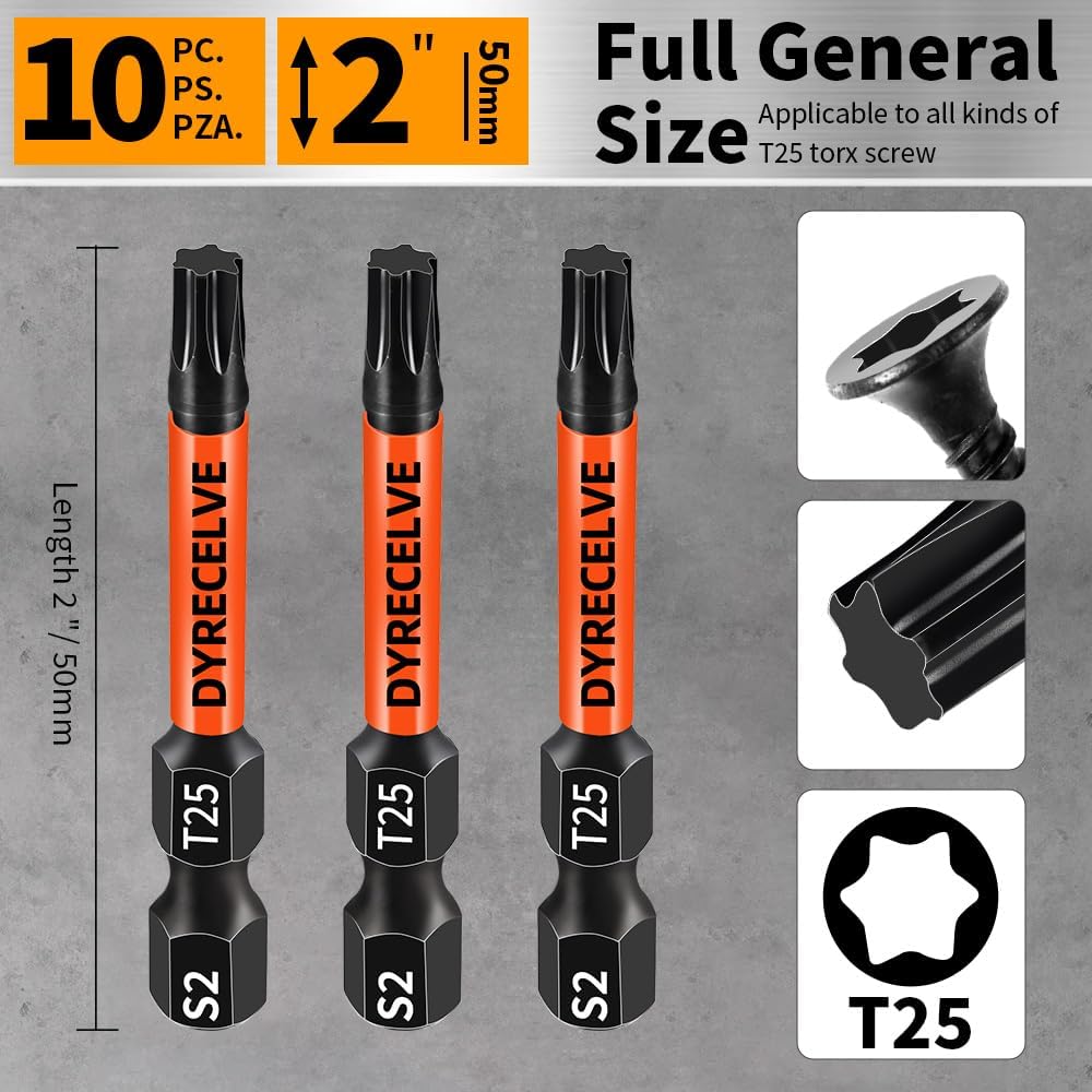 Thumbnail 4 de DYRECELVE 10pcs 2'' T25 Torx Bit Set インパクトドライバー用ビット 10個組、2インチ・磁気先端