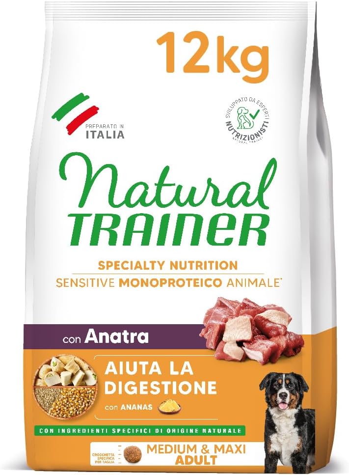 Detalle de Natural Trainer Sensitive No Gluten: cibo per cani adulti all’anatra e cereali integrali, 12 kg