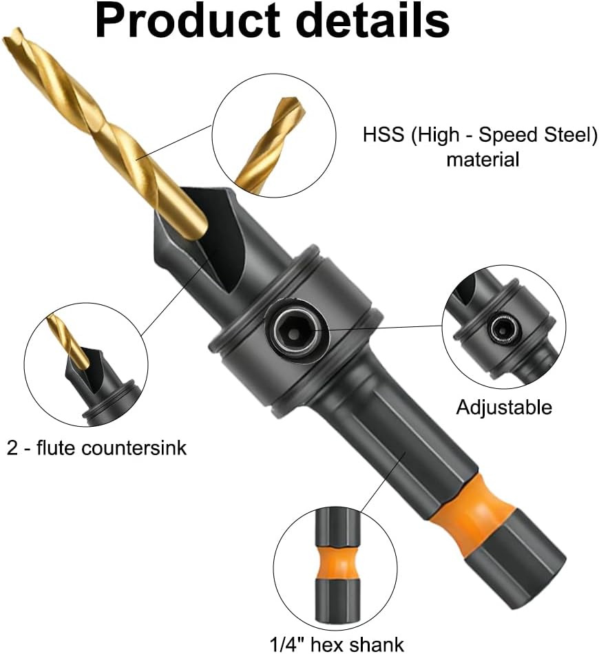 Detalle de Vicloon Countersink Drill Bit Set, 12 PCS – Precision Woodworking Kit with Titanium-Coated HSS Bits