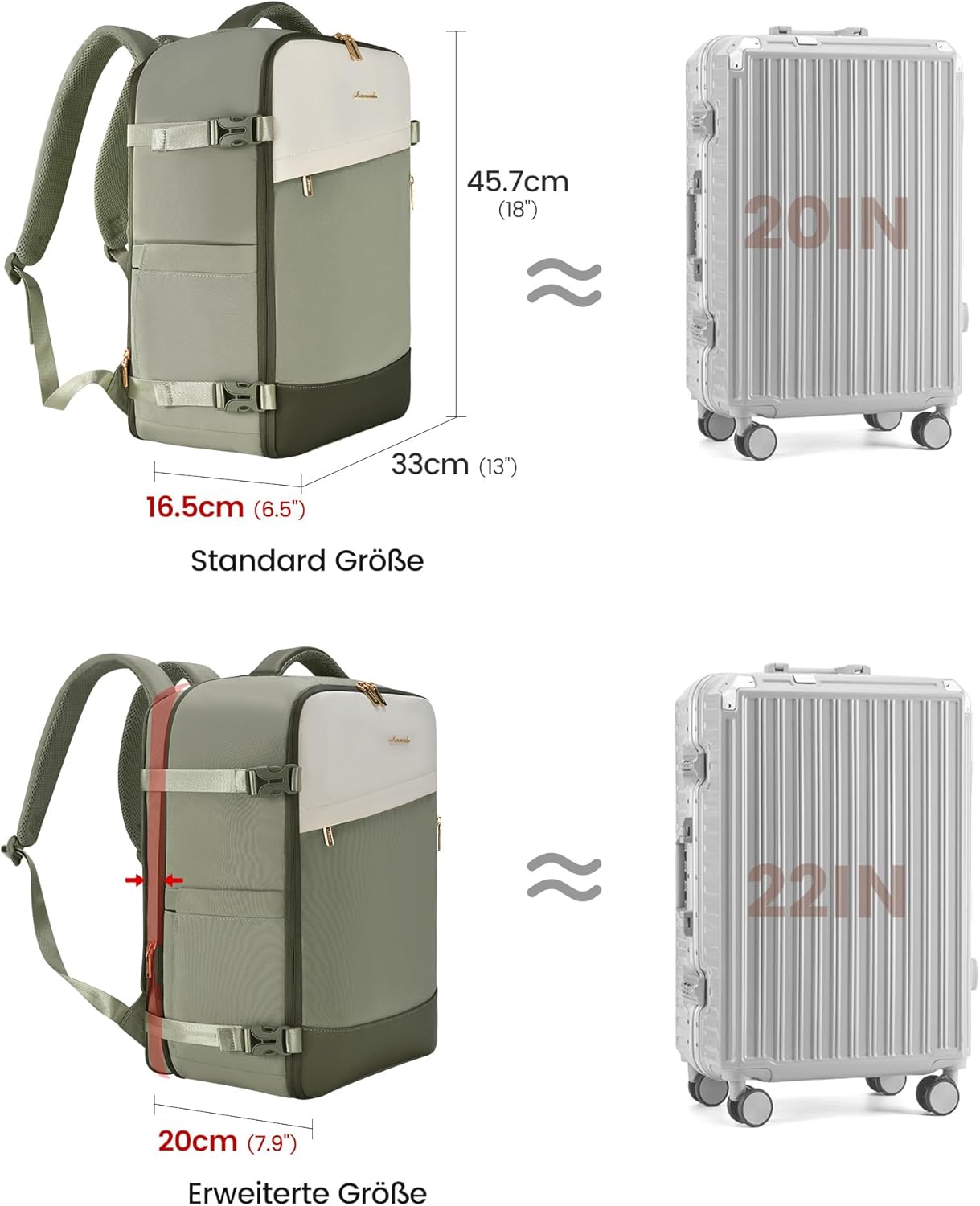 Detalle de LOVEVOOK Handgepäck-Rucksack 40L (17,3 Zoll) – erweiterbar, Cabin Bag für Flugzeug & Business, Teegrün