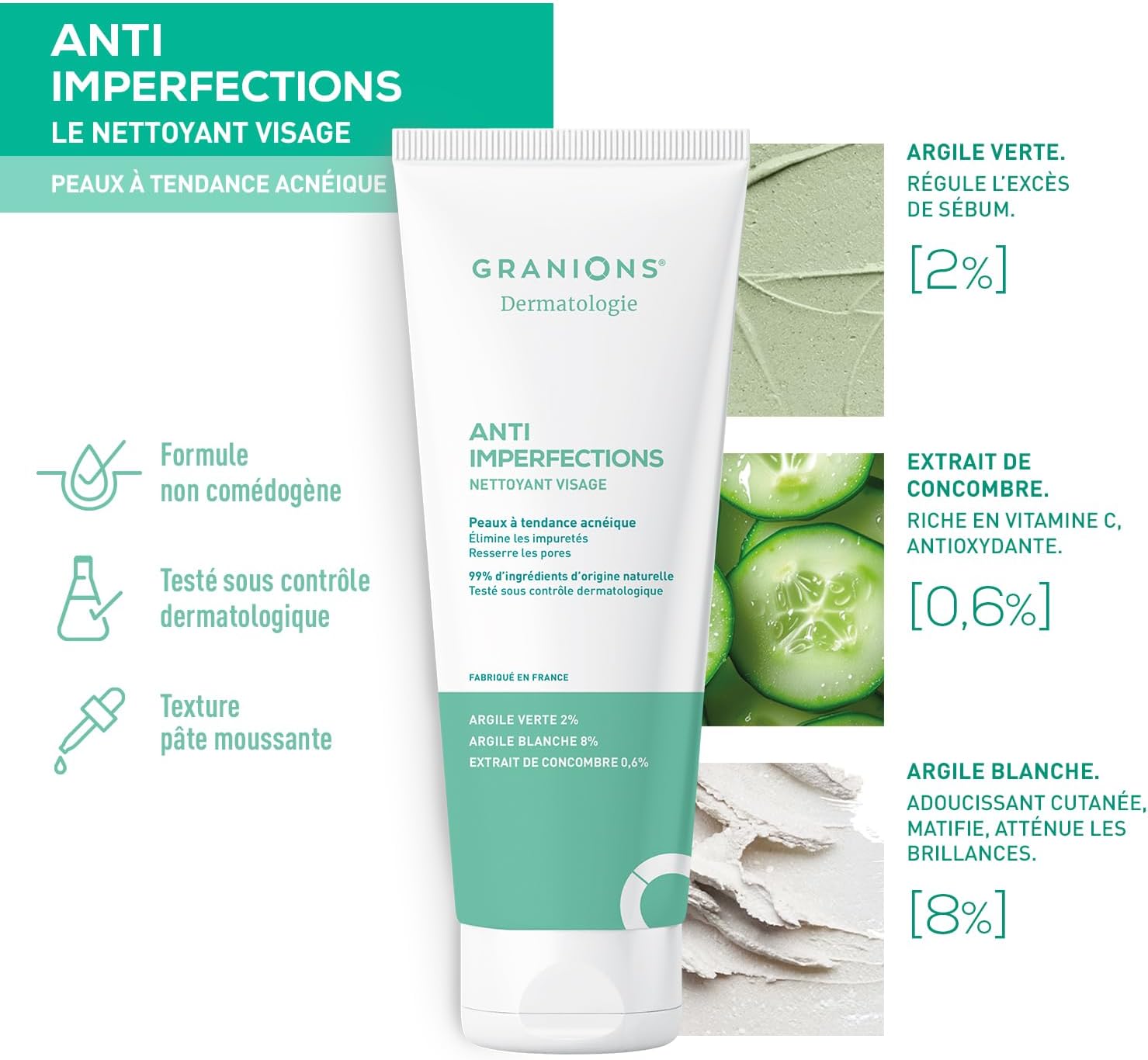 Detalle de GRANIONS Nettoyant Visage Anti Imperfections, argile, vitamine C, 150g
