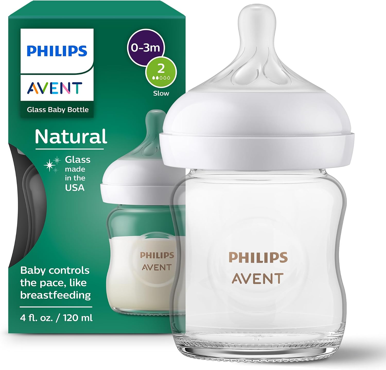Detalle de Philips Avent SCY910/01 ナチュラルガラス哺乳瓶 4oz、Flow 2乳首・ホウケイ酸ガラス製