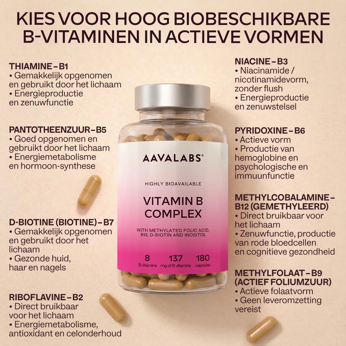 Detalle 2 de AAVALABS Vitamine B-complex capsules, 180 stuks, veganistisch