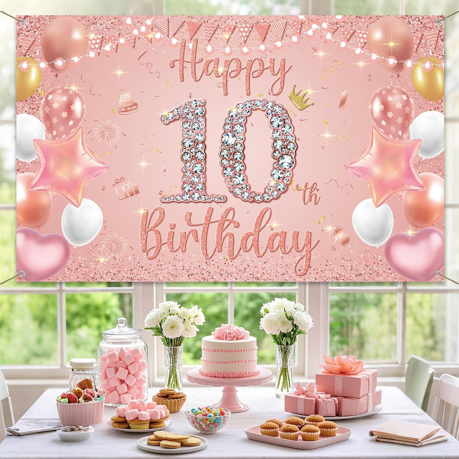 Thumbnail 6 de Happy 10th Birthday Decorations Banner – Pink Rose Gold Fabric Backdrop for 10th Birthday Party