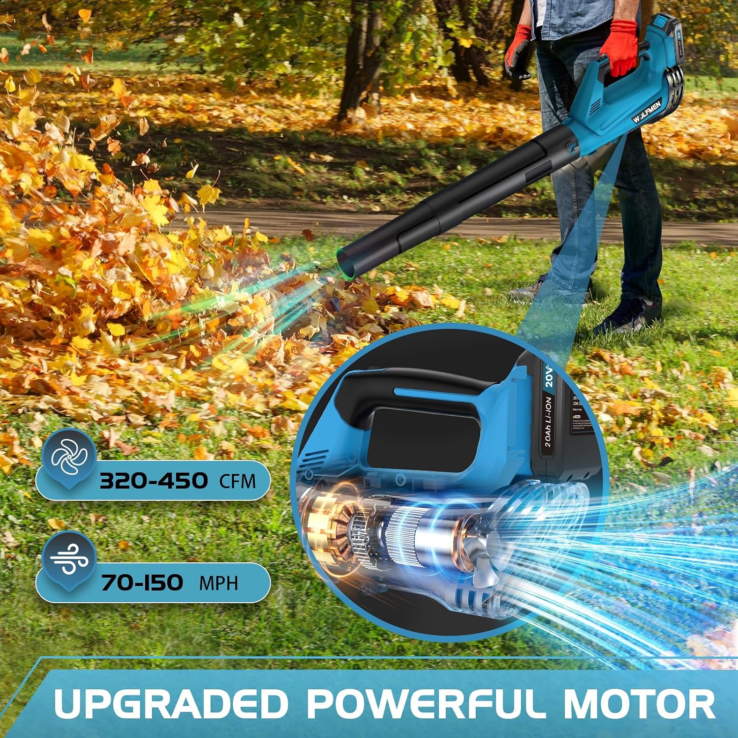 Detalle 1 de WOLFMEN LB-8197 Cordless Leaf Blower, 20V, Two Batteries, Two Speeds