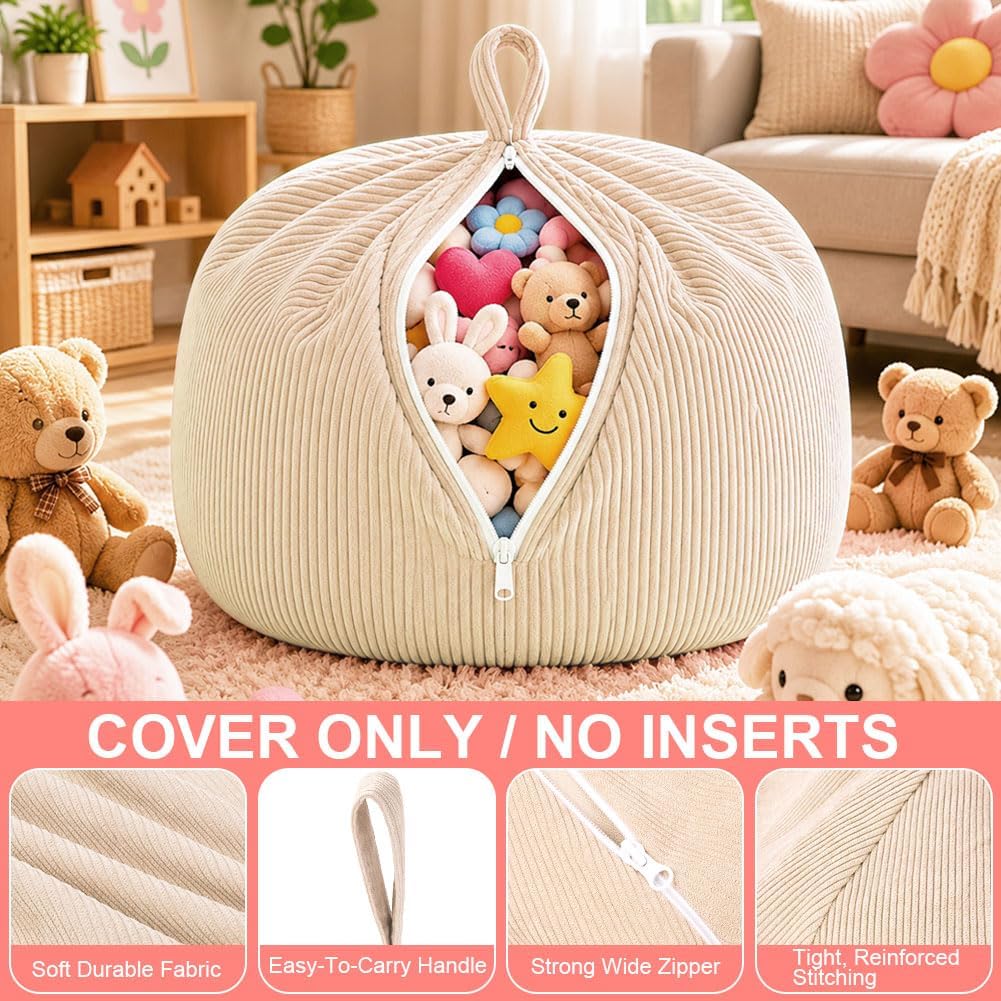 Detalle de Vicloon Corduroy Bean Bag Chair Cover, 85 x 85 x 50 cm, Beige, Unfilled