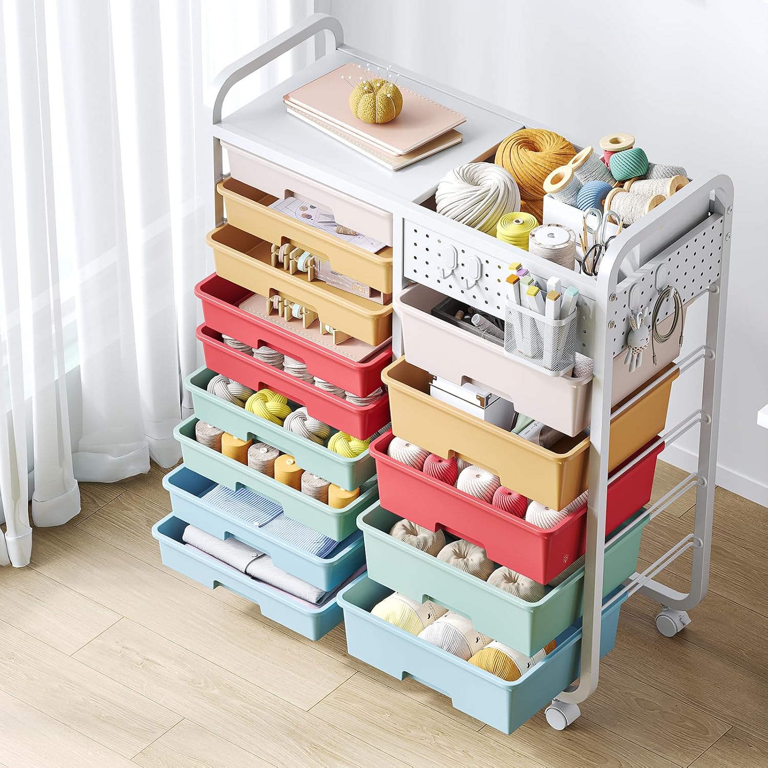 Detalle de SYKIARIOL 14-Drawer Storage Craft Organizer Trolley with DIY Pegboard – Multicolour