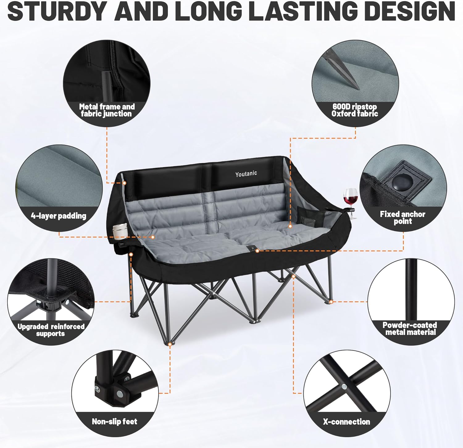 Thumbnail 4 de Youtanic Oversized Double Camping Chair (Folding Loveseat) with Cup Holder, Pockets & Carry Bag, Black
