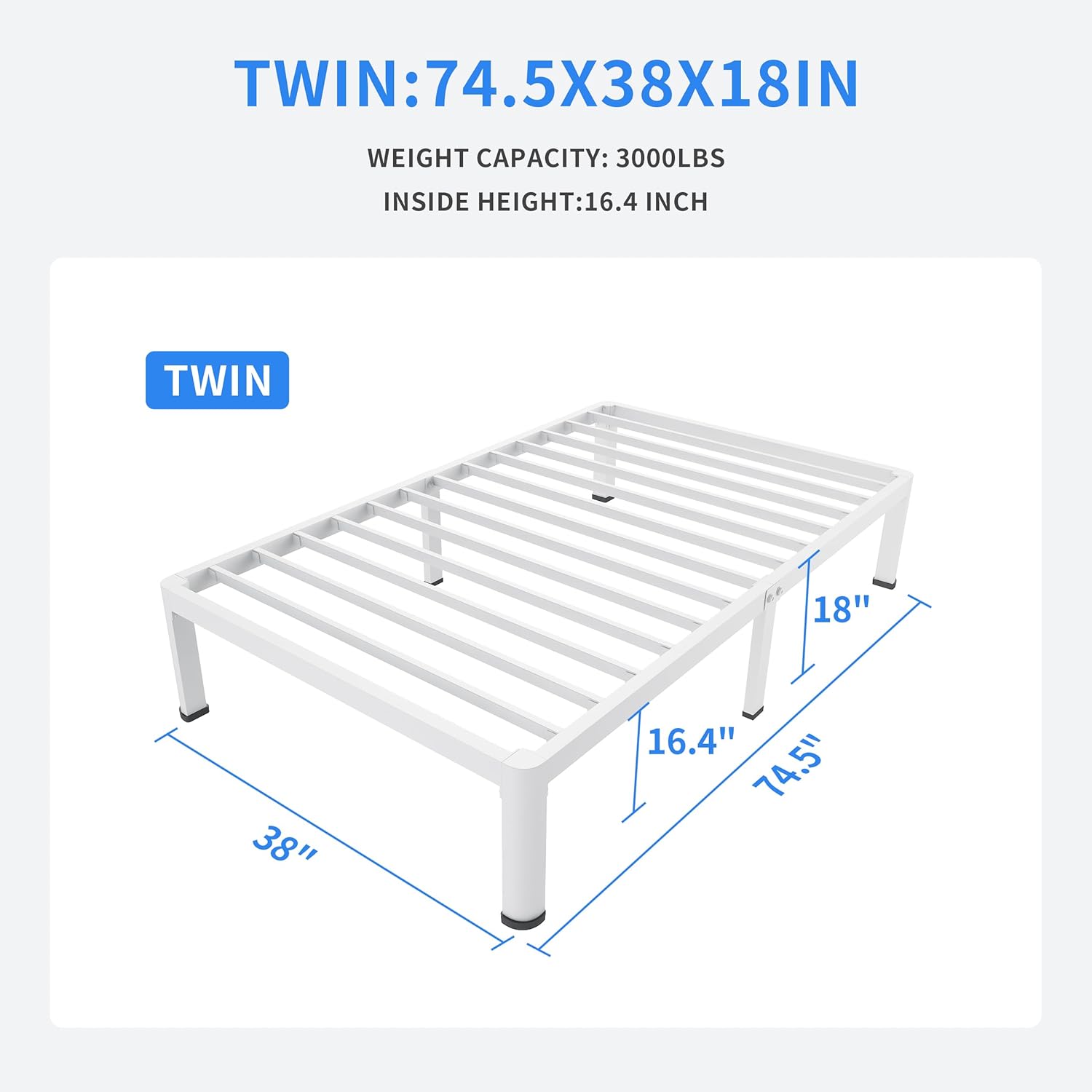 Thumbnail 1 de MAF 18 Inch Twin Bed Frame White with Round Corner Legs and Heavy-Duty Slats
