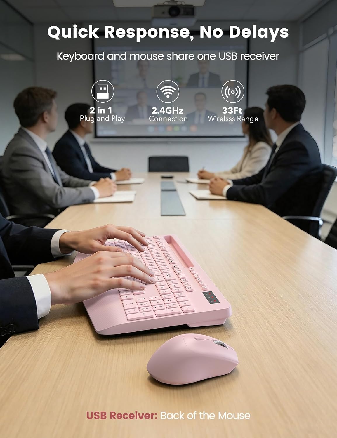 Detalle de Wireless Keyboard and Mouse Combo (Pink) — Full-Size, Ergonomic with Wrist Rest