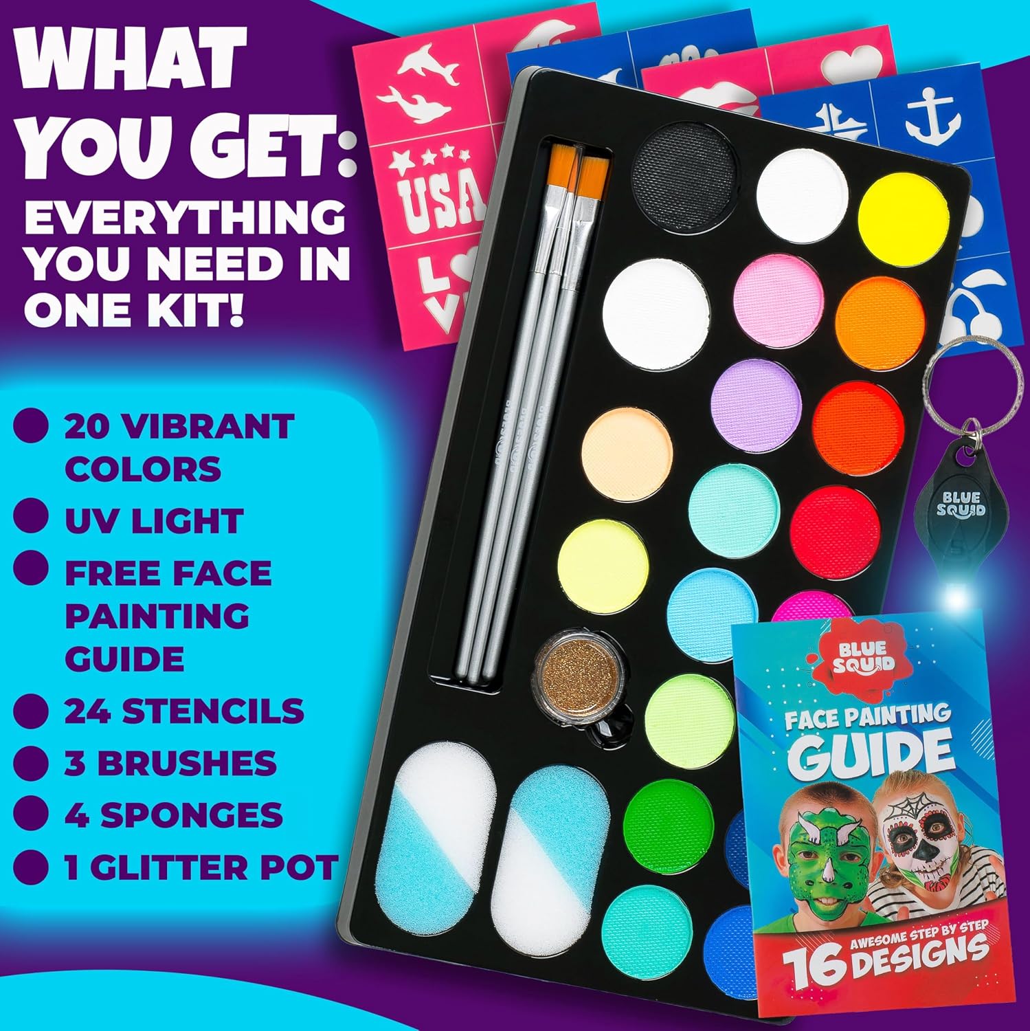 Thumbnail 1 de Blue Squid UV Neon Face and Body Paint Kit, 20 Colors with Stencils and UV Light