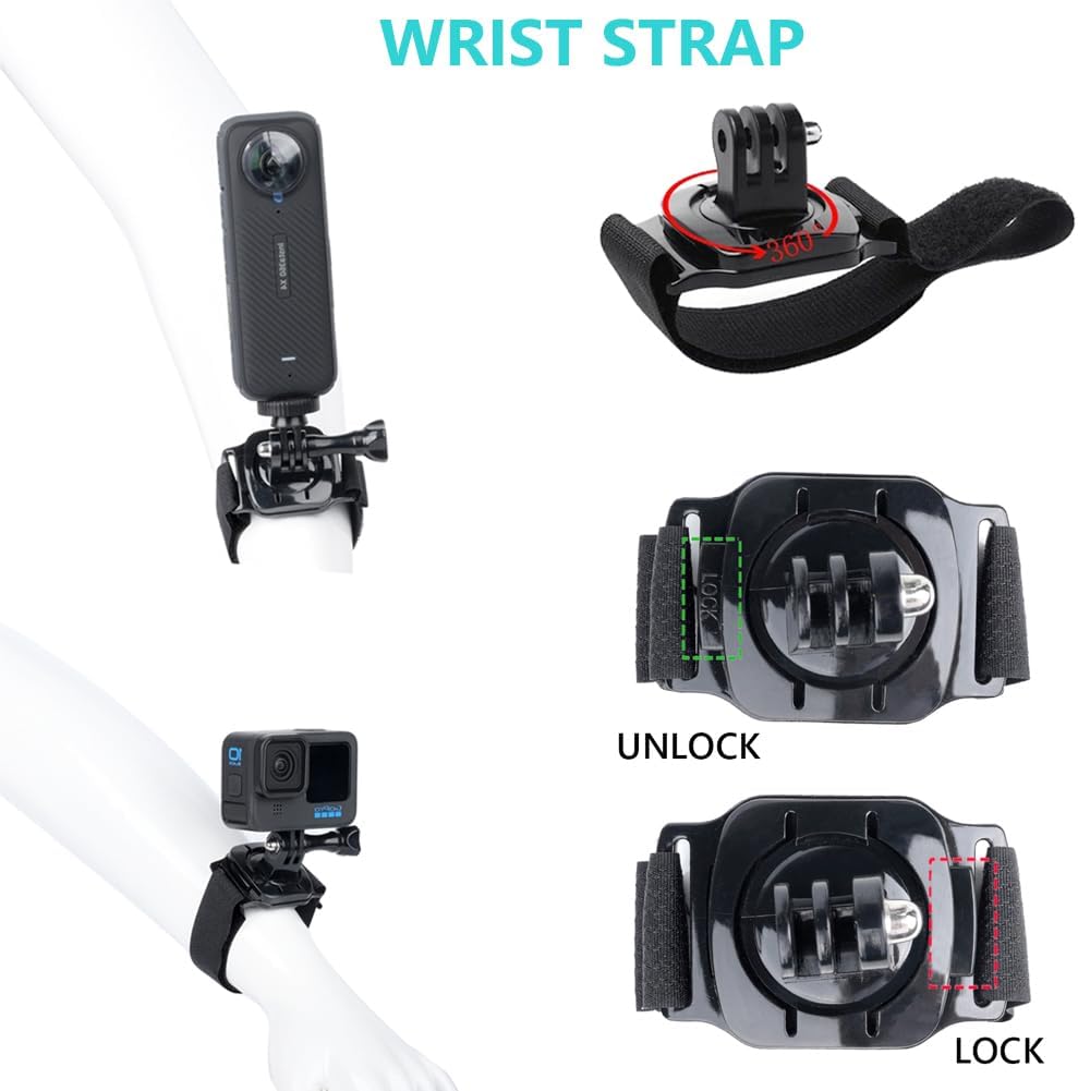 Detalle de YEHOLDING 10 in 1 Accessory Kit for Insta360 (X5/X4/X3/X2/Ace Pro) with Chest Strap, Head & Wrist Straps, Backpack Clip and Floating Handle