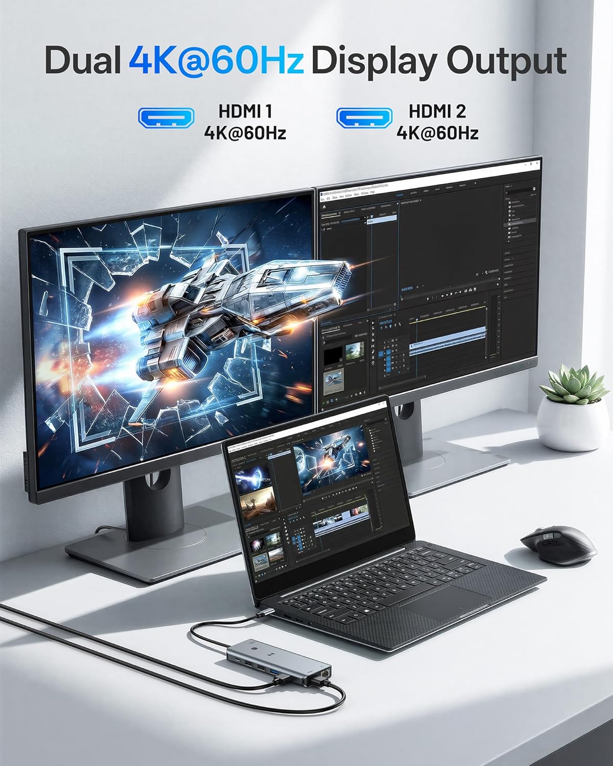 Thumbnail 5 de Selore Laptop Docking Station Dual Monitor – USB C Hub mit 2 HDMI, 100 W PD, RJ45 und 5 Gbit/s
