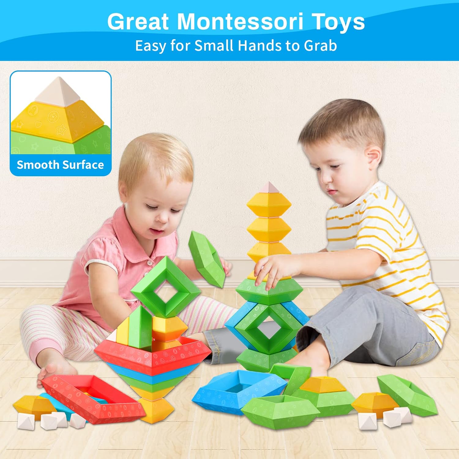 Detalle 2 de Hieoby Montessori 30-Piece Stacking Blocks for Toddlers (Ages 1-4) — Sensory STEM Learning
