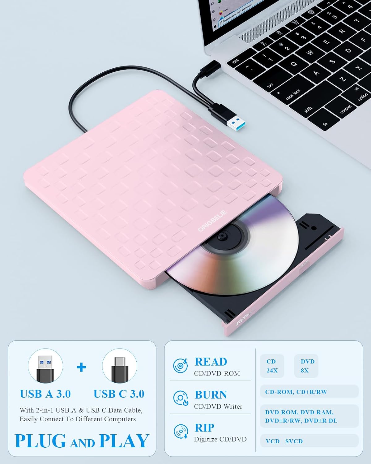 Detalle de ORIGBELIE TP520-Pink External CD/DVD Drive, USB 3.0, Type-C, 13mm