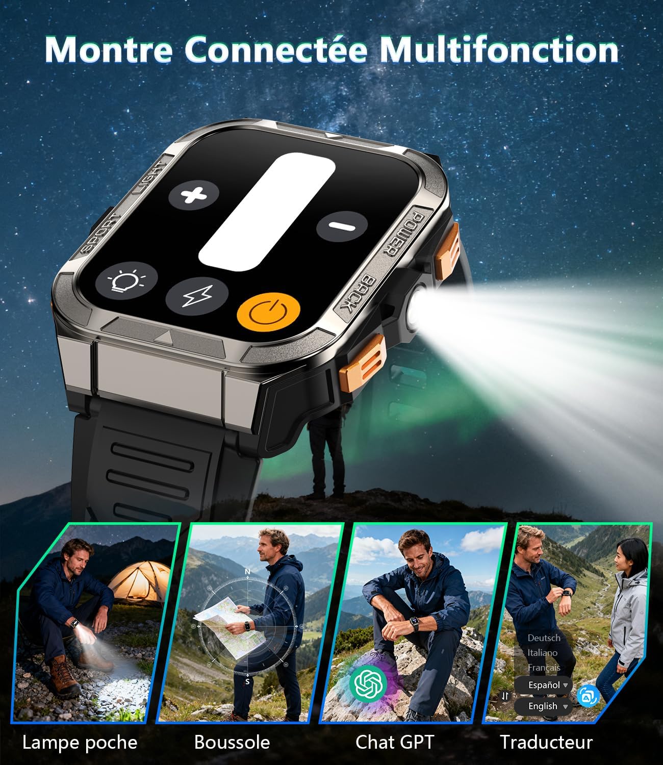 Thumbnail 1 de IOWODO Montre connectée 2026 avec GPS, lampe torche LED et boussole intégrée