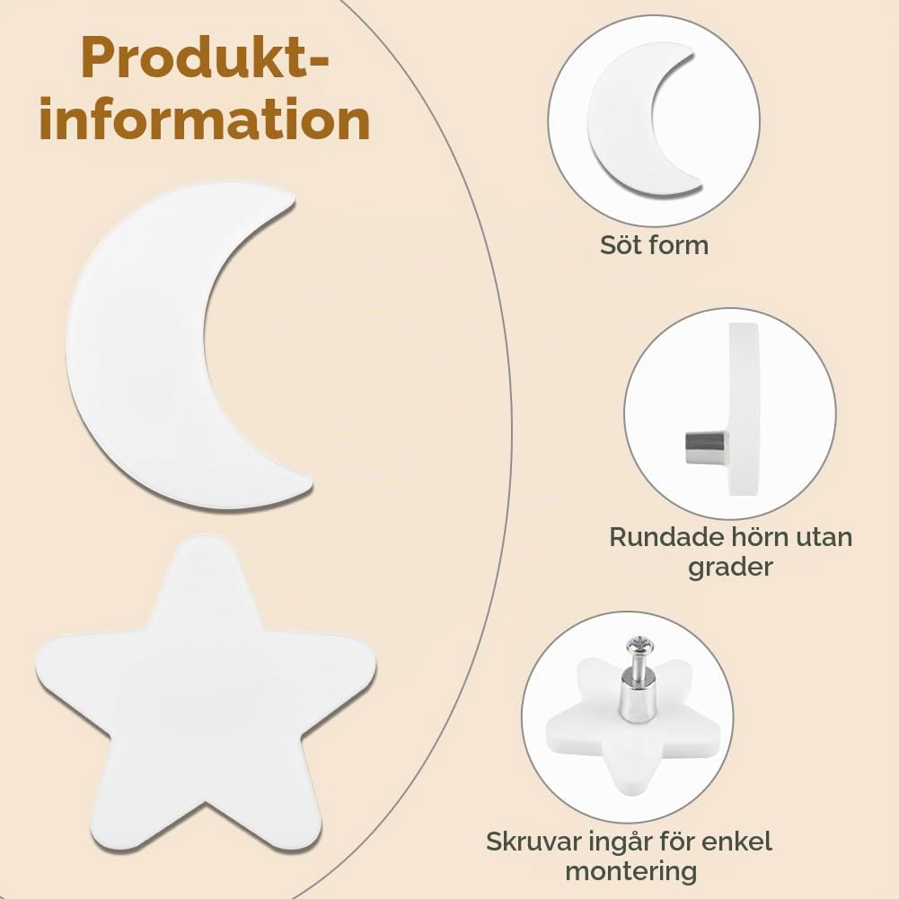 Detalle de Aolso mjuka skåpknoppar i gummi, vita med stjärnor, måne och moln, 9-pack