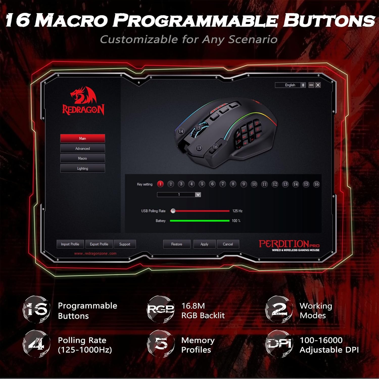 Detalle de Redragon Wireless Gaming Mouse 16,000 DPI