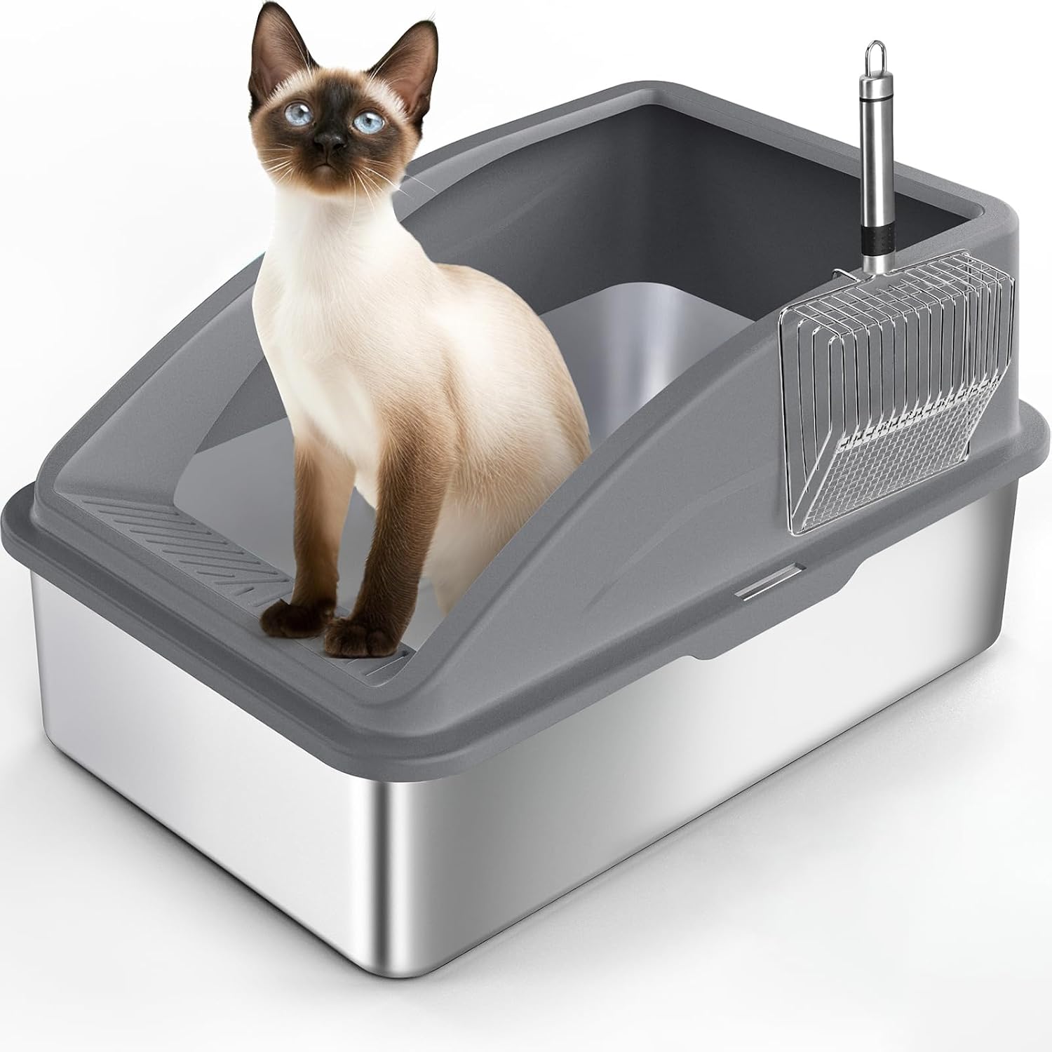 Thumbnail 6 de FURTIME Stainless Steel Cat Litter Tray with Detachable Enclosure and Lid (44x33x21cm) – Silver Grey