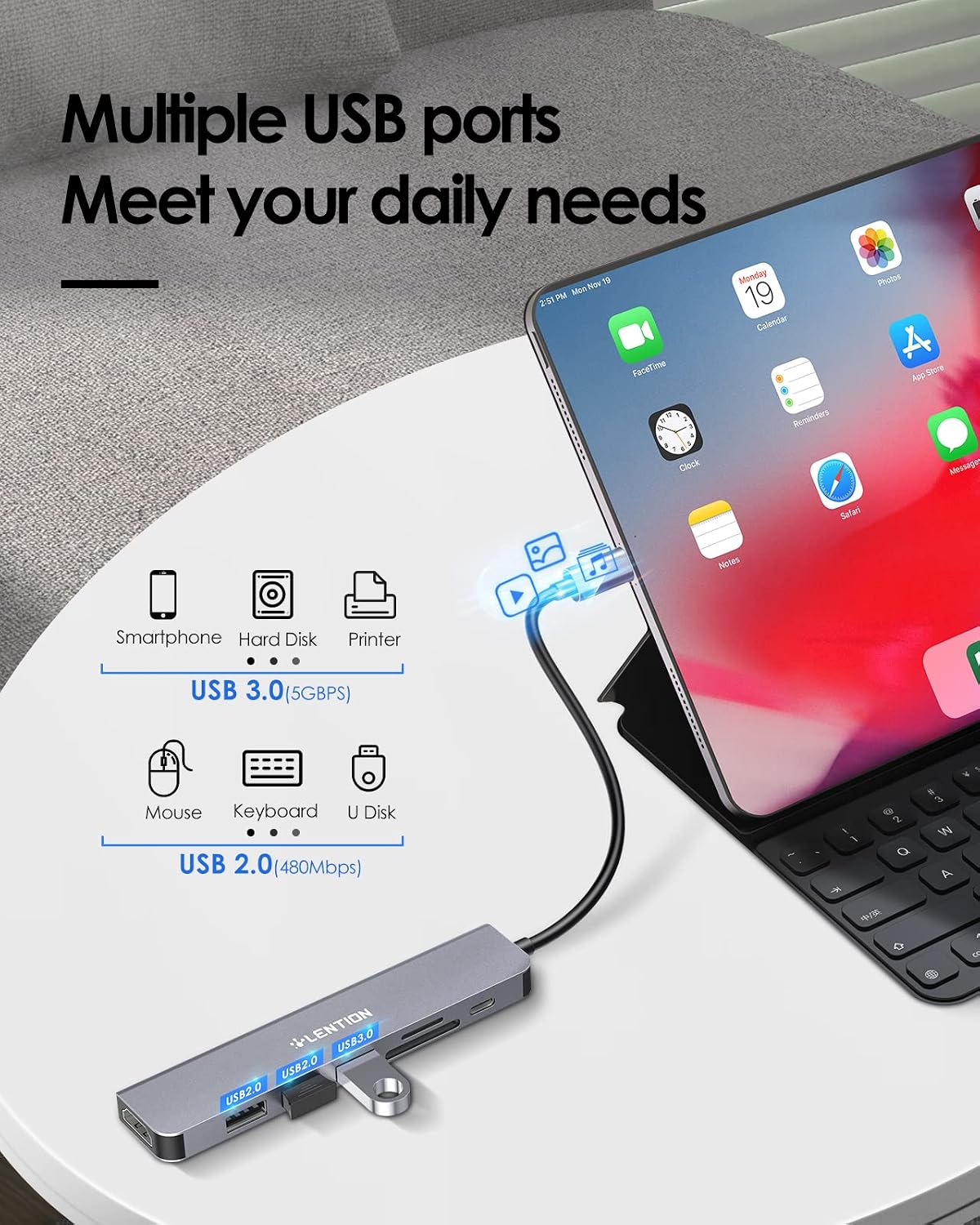 Detalle de LENTION USB-C Hub with 100W Charging, 4K HDMI, Dual Card Reader (CB-CE18) — Space Gray