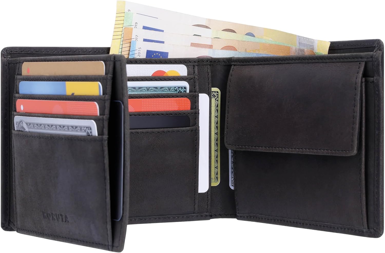 Detalle de KORUTA Herren-Geldbörse aus Echtleder (Querformat) braun mit RFID-Schutz und 13 Fächern