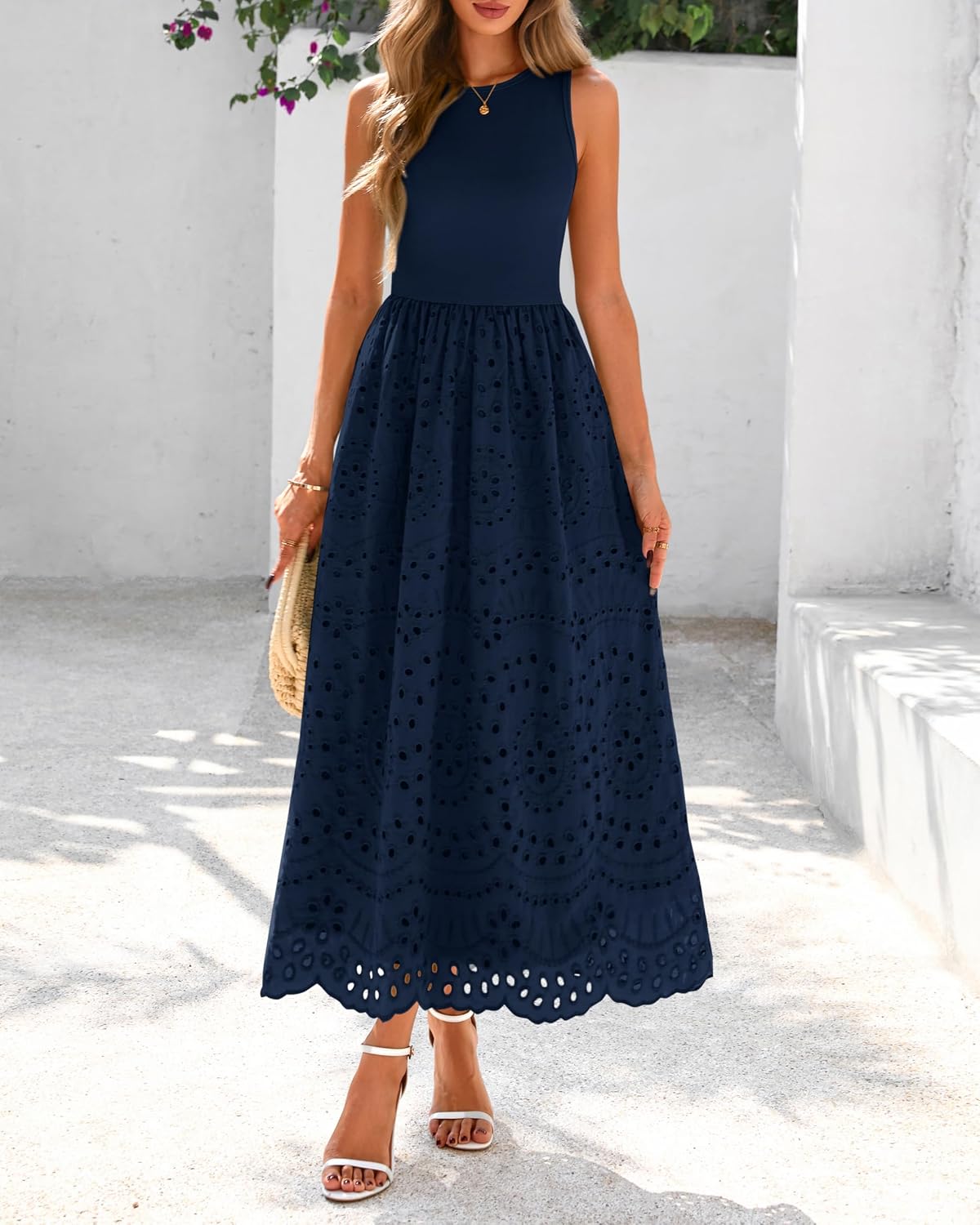 Detalle de Dowerme Women Summer Dress 2026 Maxi Boho Lace Eyelet Cotton with Pockets