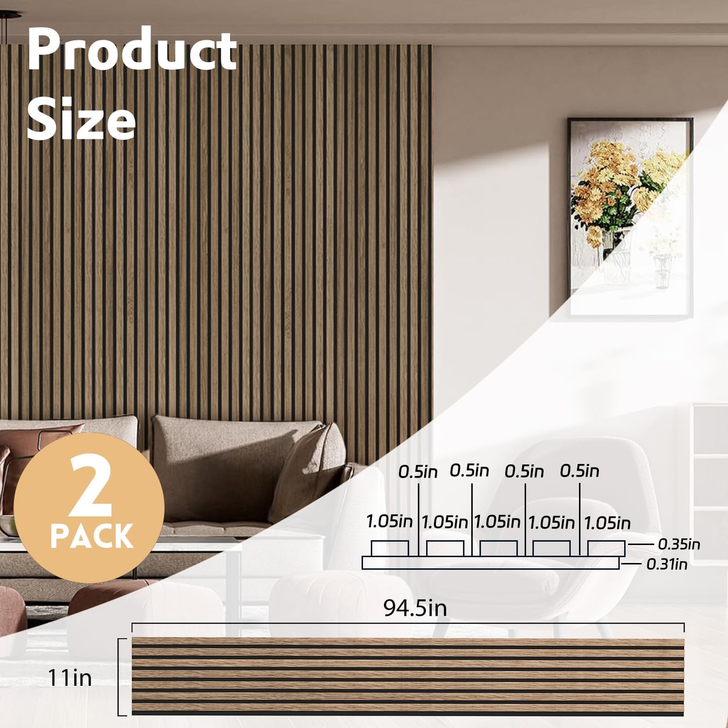 Detalle 2 de RITOLLO XYB-Walnut Wood Slat Acoustic Wall Panels, 2-Piece Natural Walnut