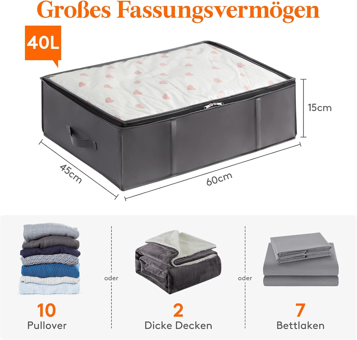 Detalle de Lifewit Unterbett-Aufbewahrungsbox 40 L (2er-Set), faltbar mit Deckel – grau