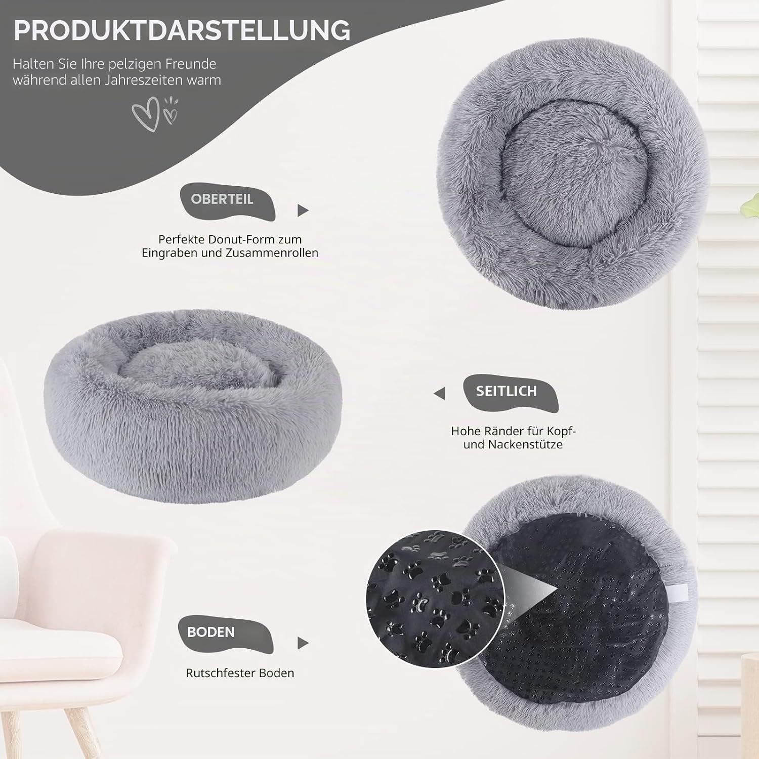 Detalle de BVAGSS Rundes Hundebett/Katzenbett Donut – Flauschig, Waschbar, 50 cm Durchmesser, Hellgrau
