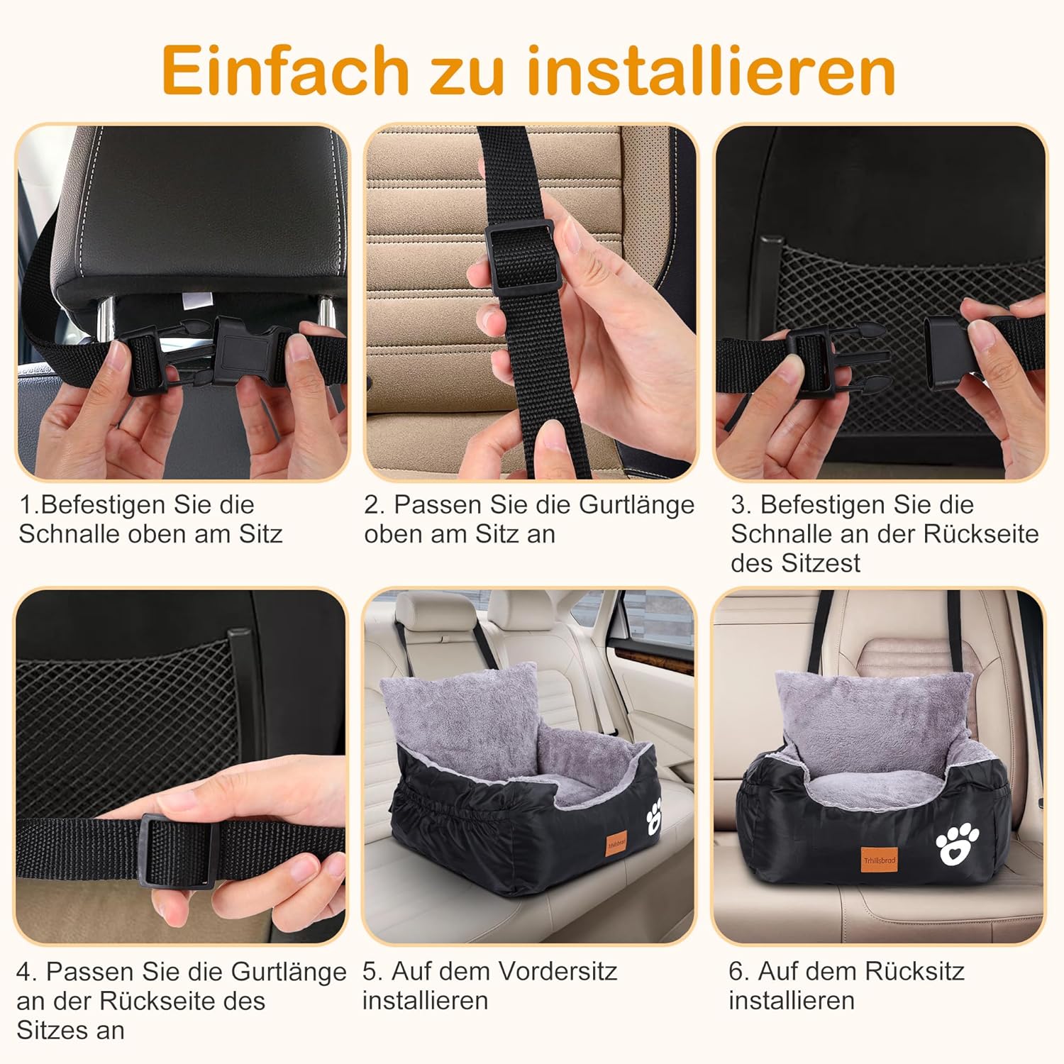 Thumbnail 5 de Trhillsbrad Siège auto pour chien 55 x 30 x 30 cm : lit amovible et lavable pour petits chiens