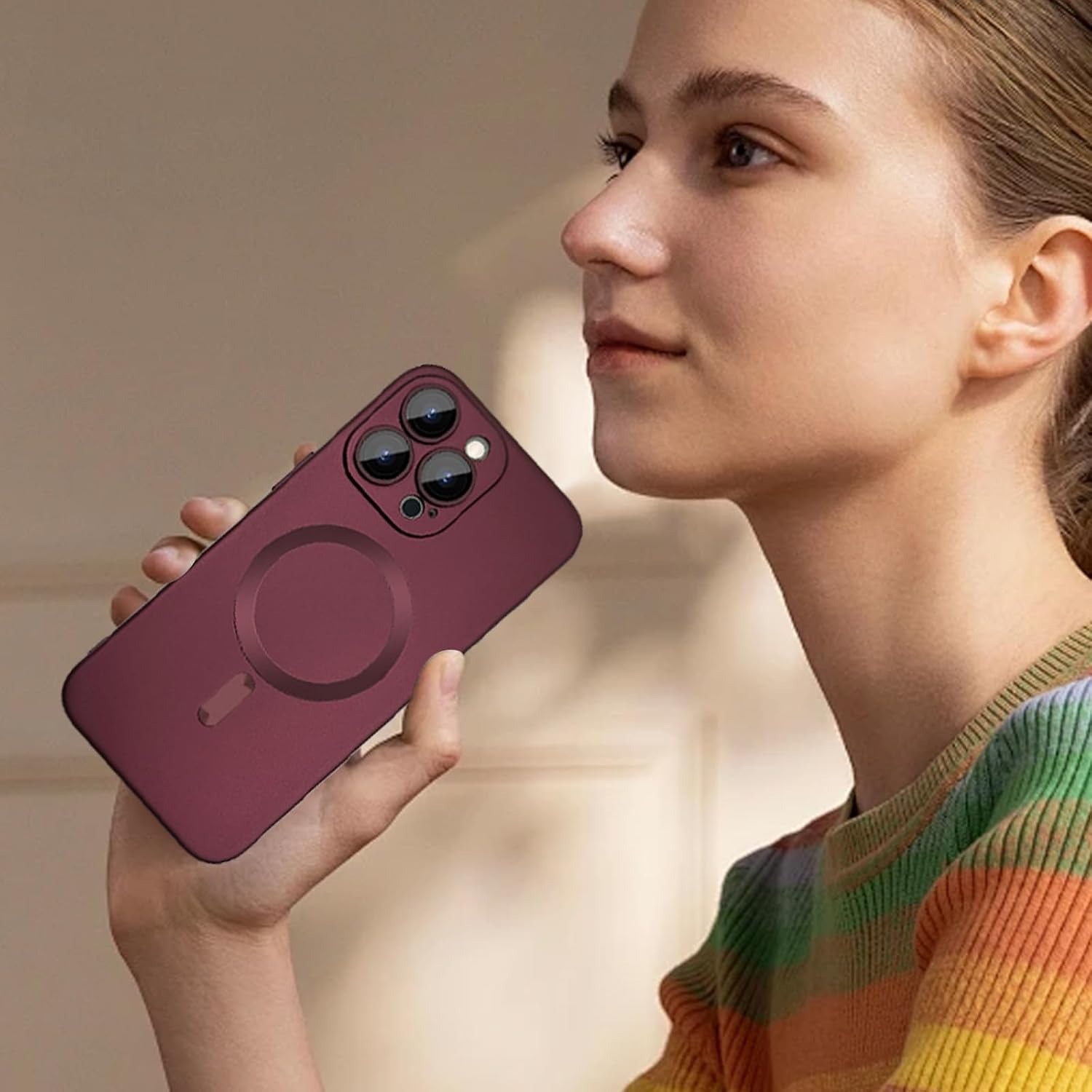 Detalle de ankofave Magnetic Case for iPhone 15 Pro (Red Wine) — Matte Luxury Shield with Camera Lens Protector