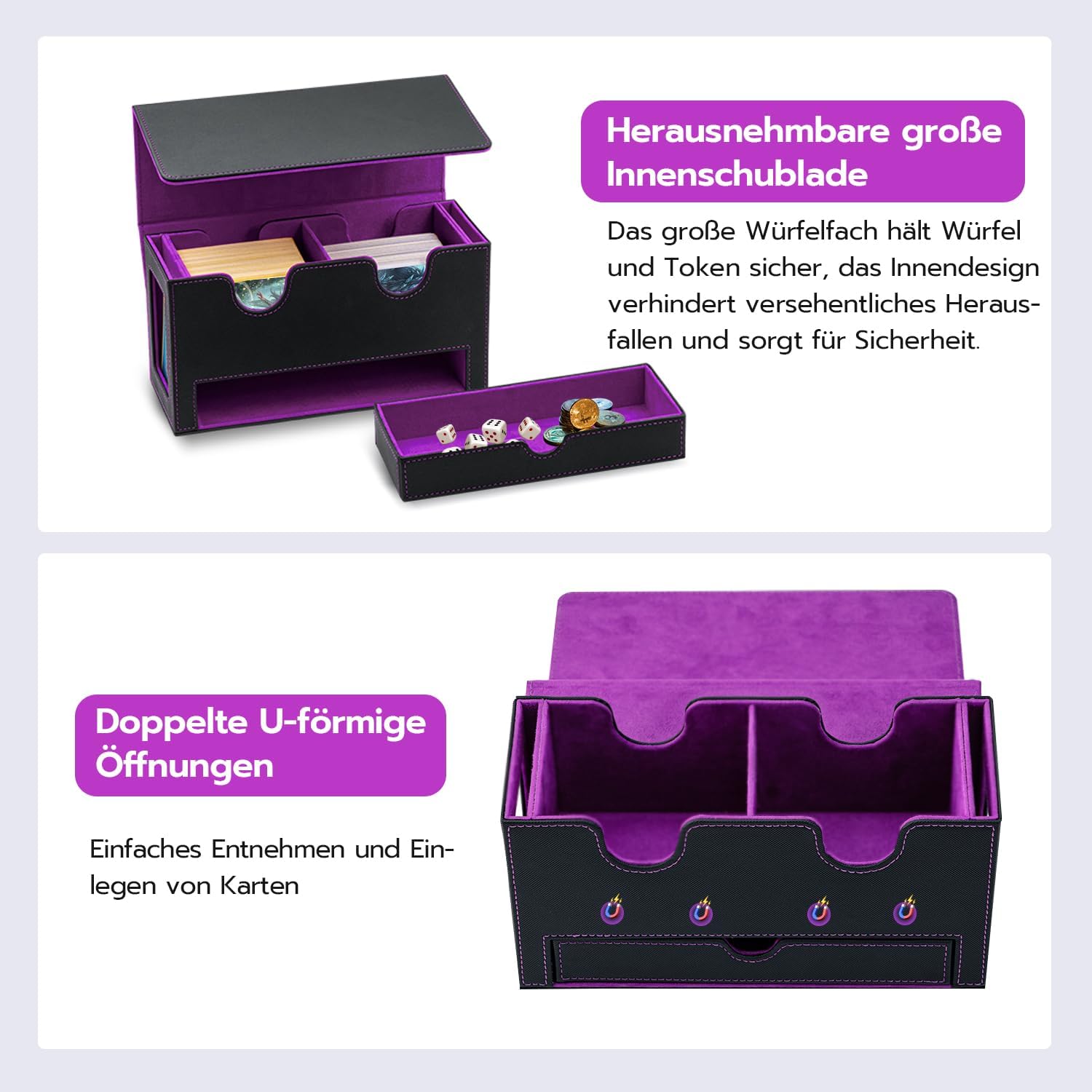 Thumbnail 5 de Tolesum Doppelschicht Card Deck Box für MTG & Commander – Sammelkartenbox mit Sichtfenster und Würfelfach aus PU-Leder (schwarz/lila)