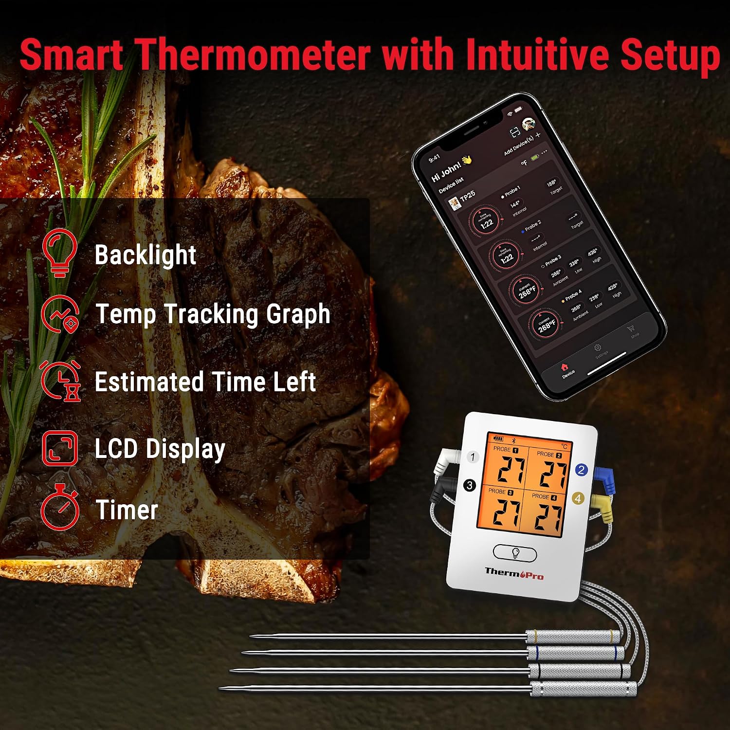 Detalle de ThermoPro TP25: Termometro Bluetooth con 4 sonde per carne, controllo remoto e cucina intelligente